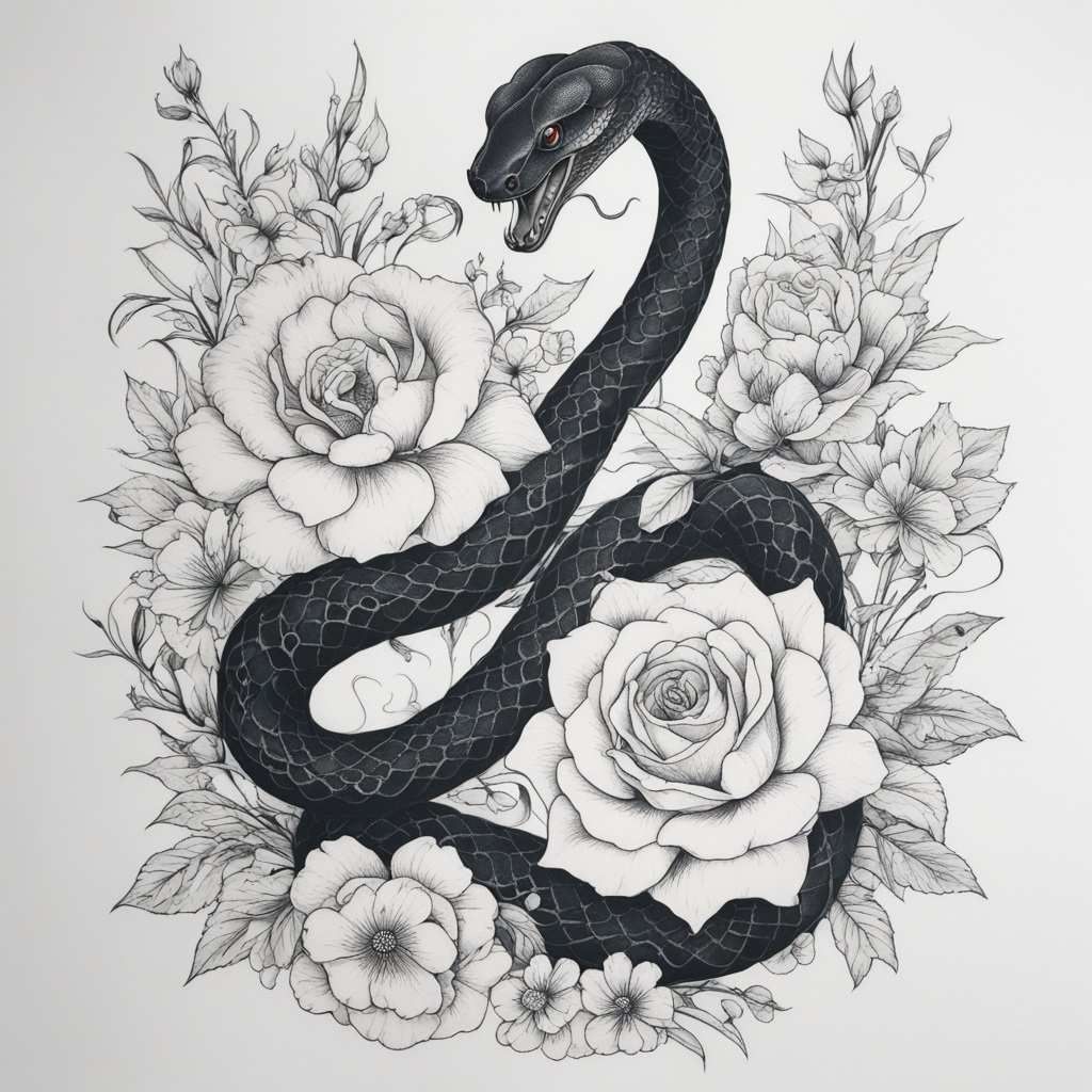 in the style of fineline tattoo, with a tattoo of snake in f