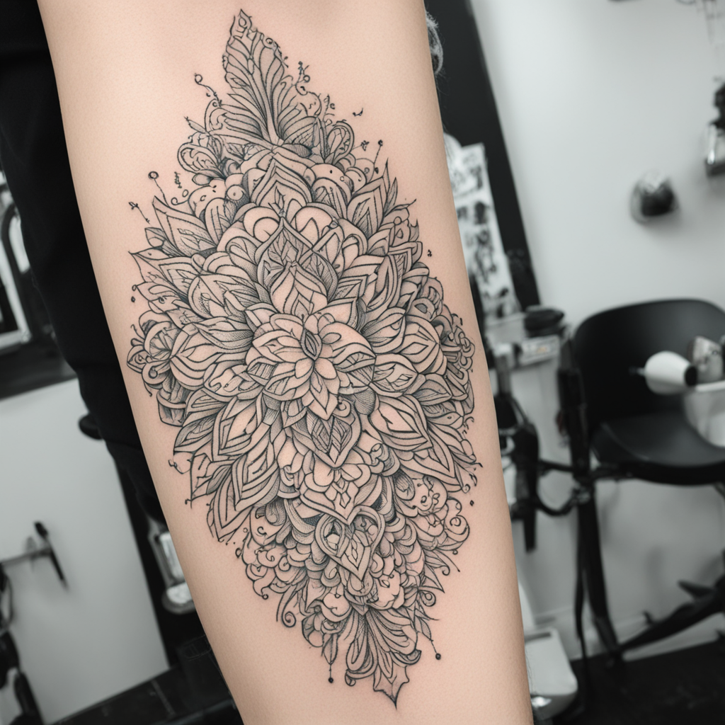 in the style of fineline tattoo, with a tattoo of tattoo one