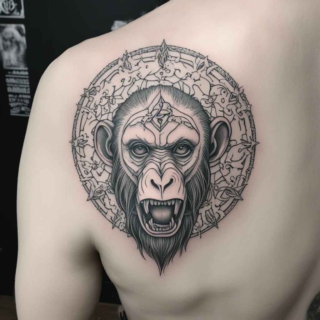 in the style of fineline tattoo, with a tattoo of Monkey age