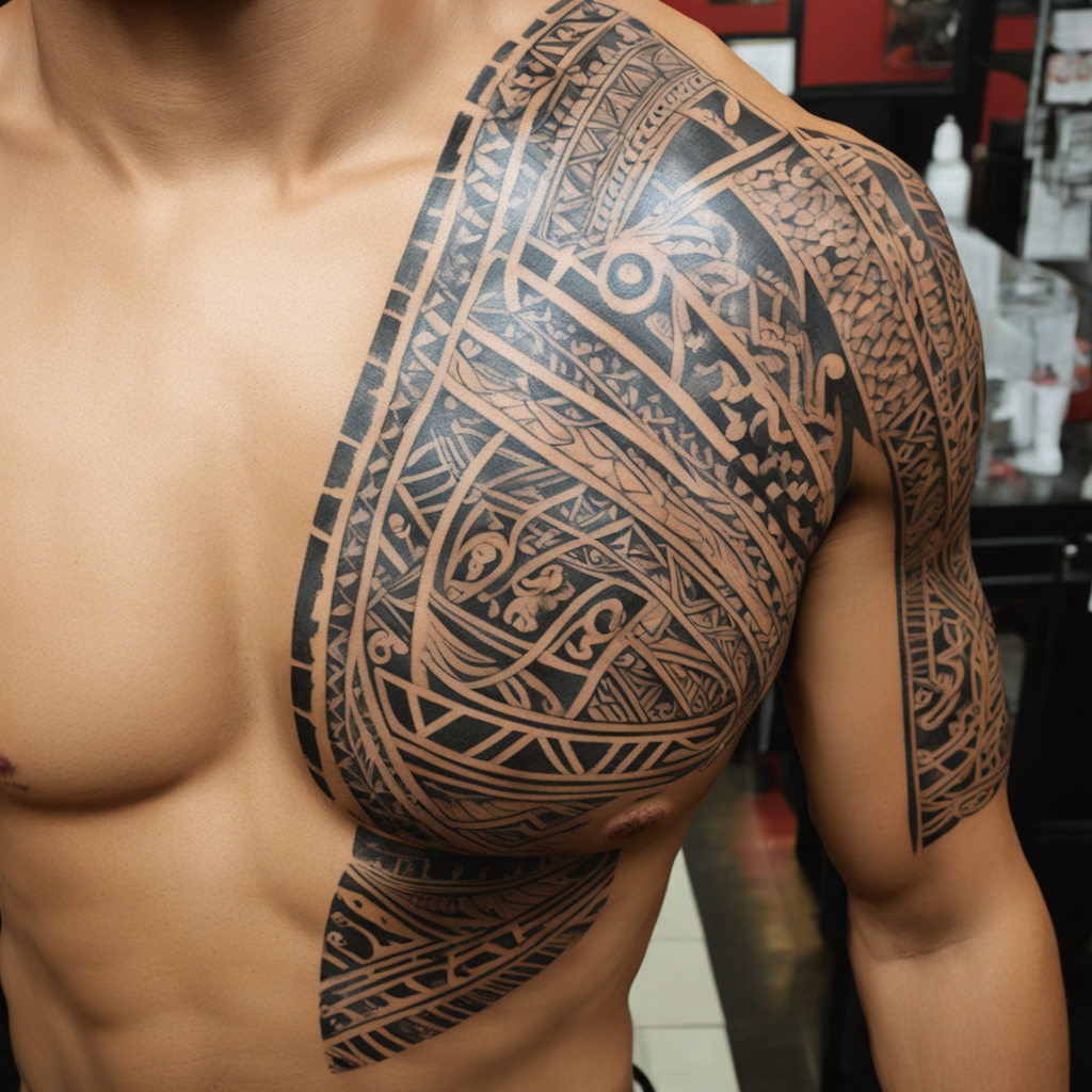 in the style of types of tribal tattoo, with a tattoo of Sam