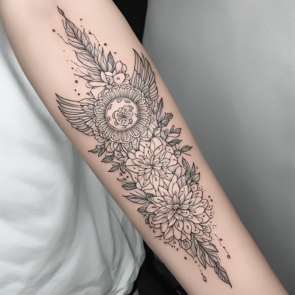 in the style of fineline tattoo, with a tattoo of L M J M T 