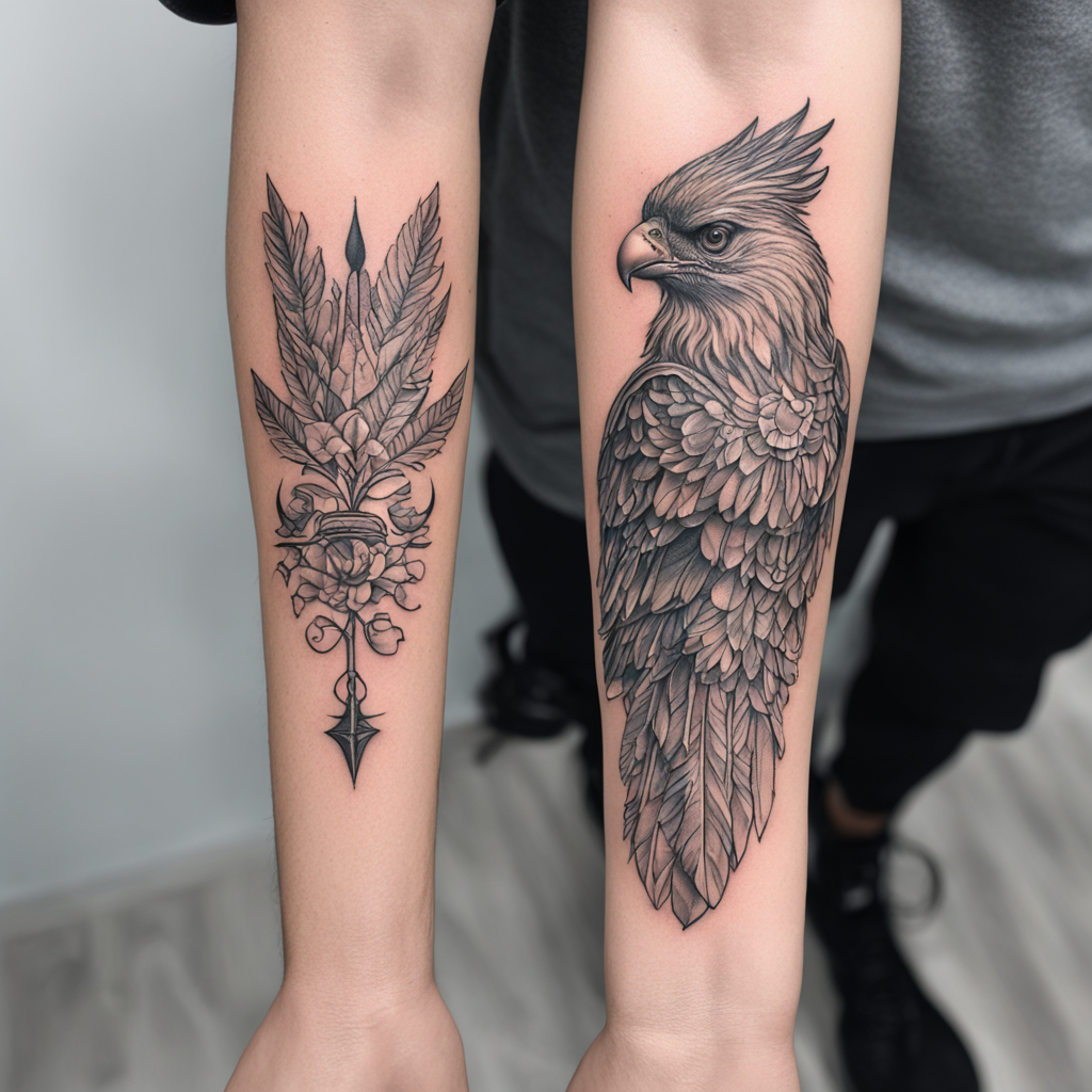 in the style of forearm tattoo, with a tattoo of Roman Galo