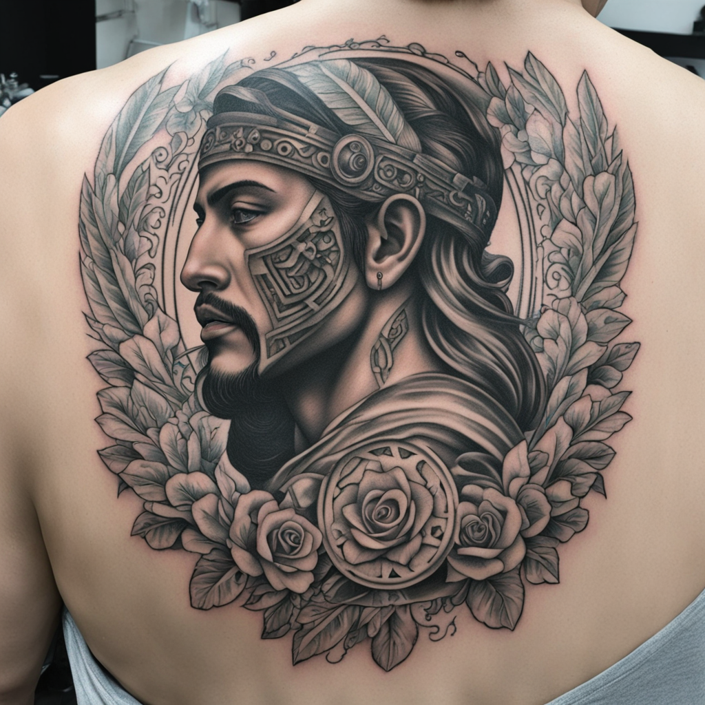 in the style of chicano tattoo, with a tattoo of Roman