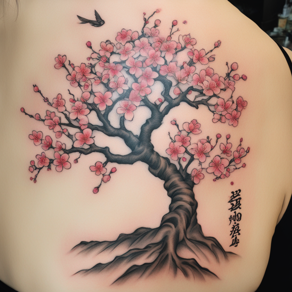 in the style of japanese tattoo, with a tattoo of Cherry blo