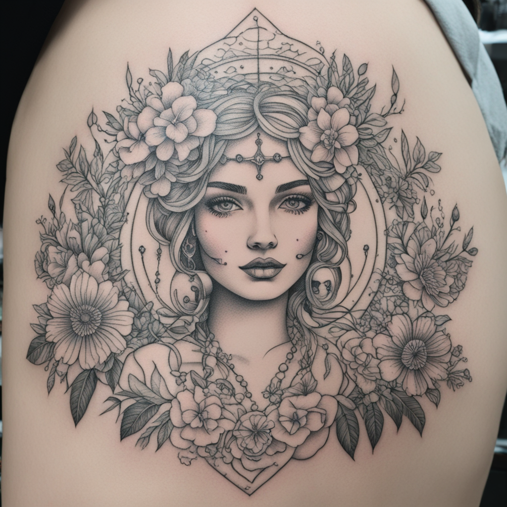 in the style of fineline tattoo, with a tattoo of Gabriela
