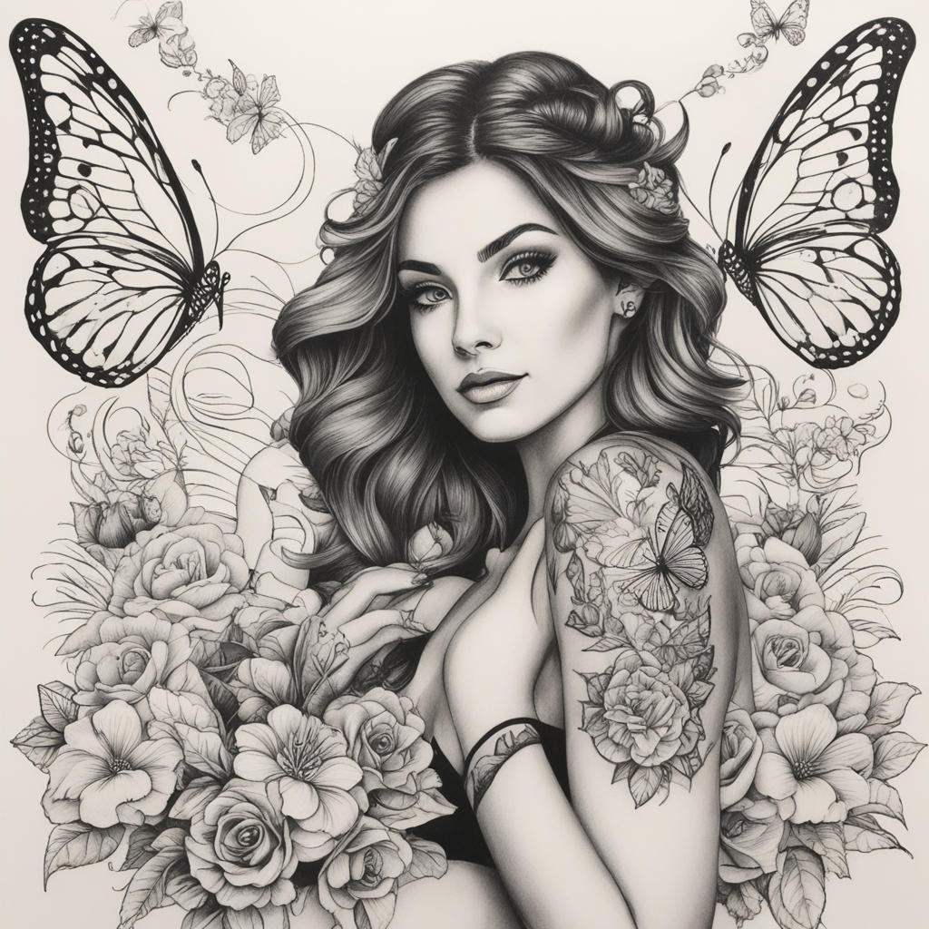 in the style of butterfly, with a tattoo of Gabriela