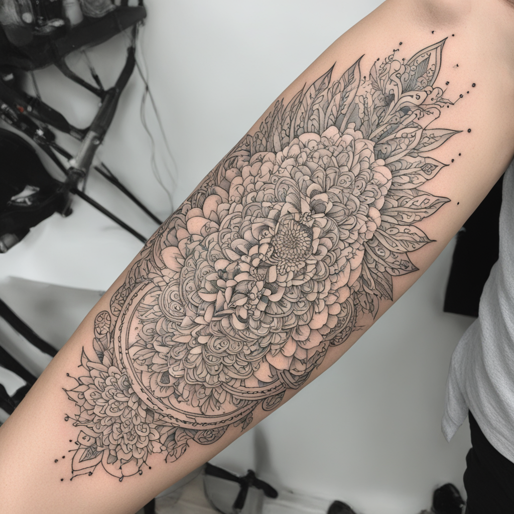 in the style of fineline tattoo, with a tattoo of Chirag