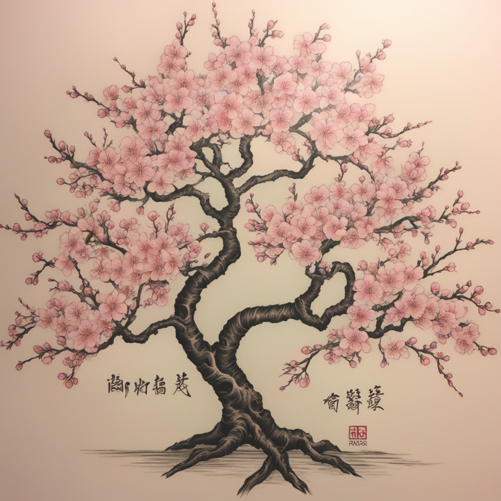 in the style of japanese tattoo, with a tattoo of Cherry blo