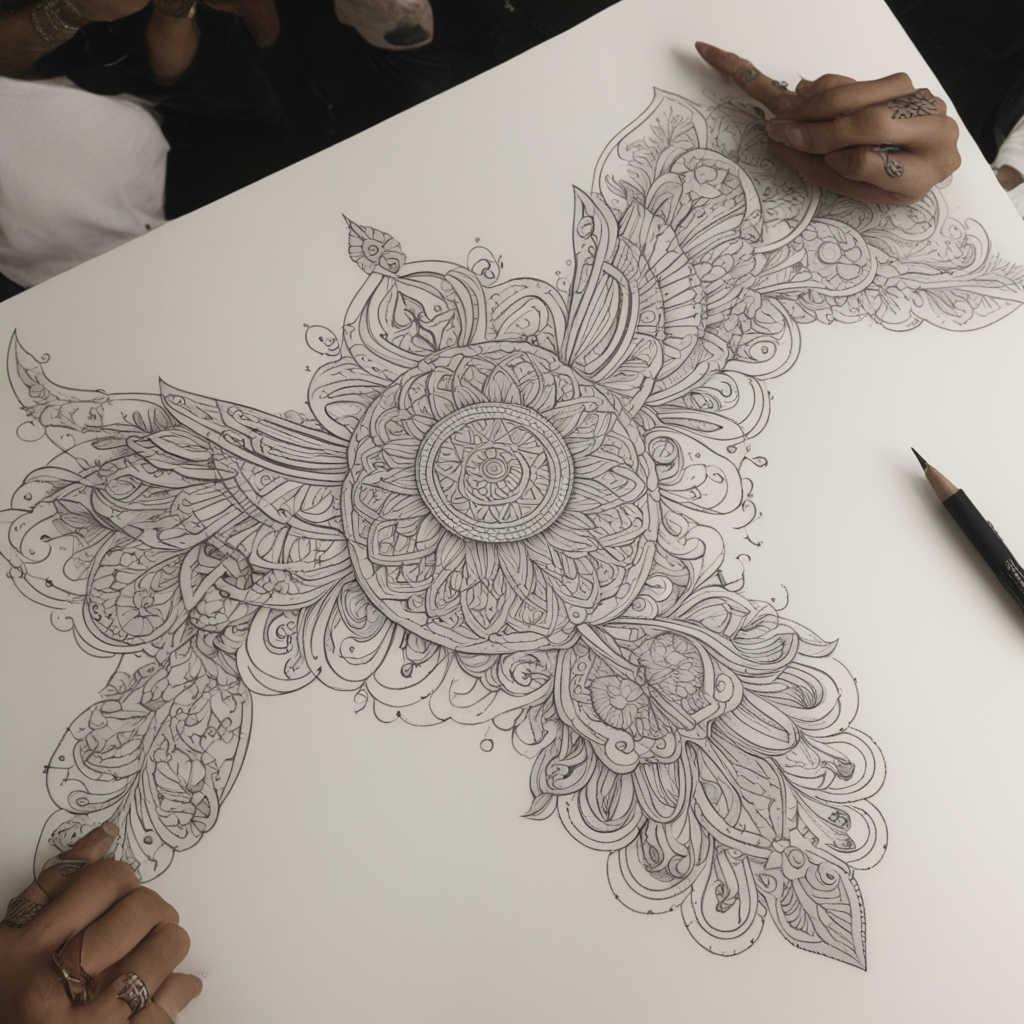 in the style of fineline tattoo, with a tattoo of Umang