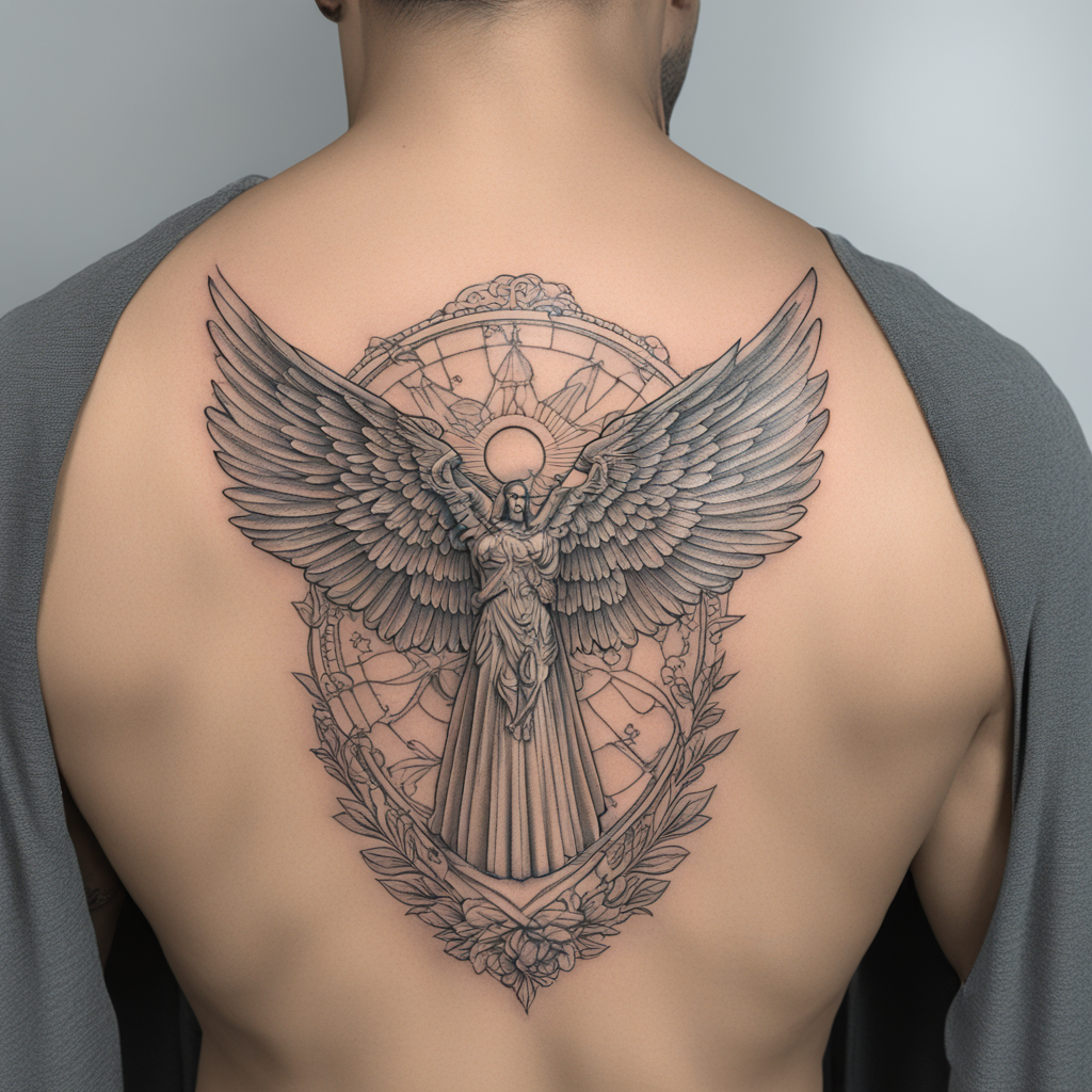in the style of fineline tattoo, with a tattoo of Engelsstat