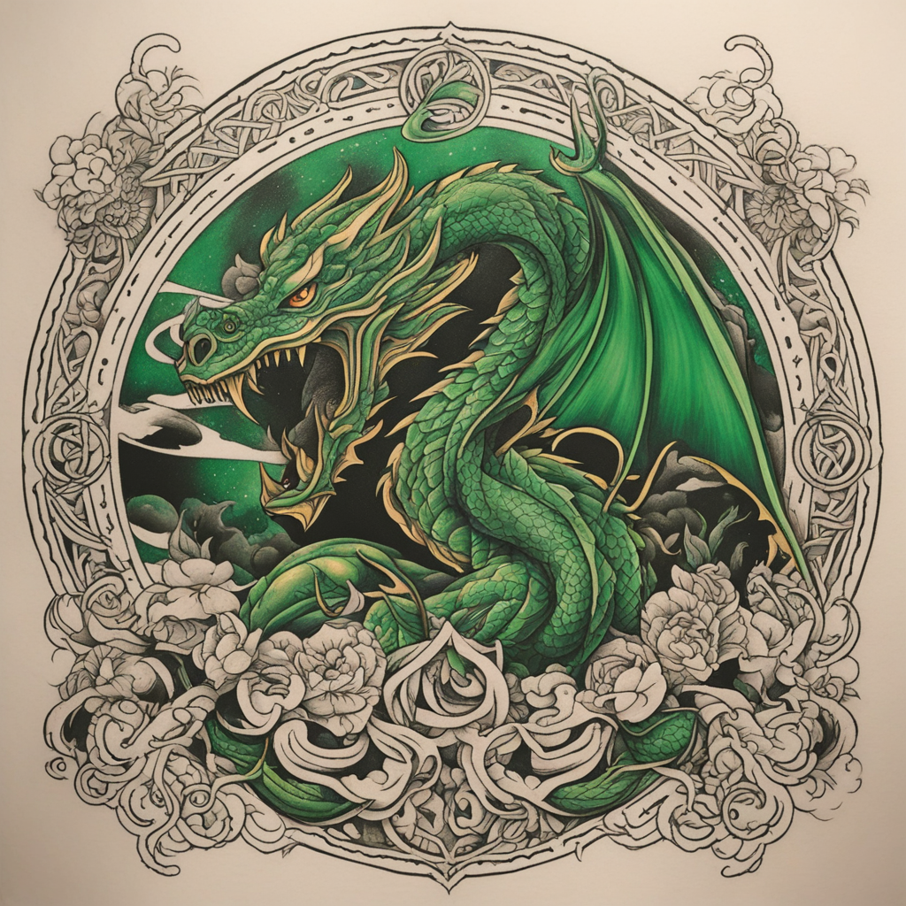 in the style of fineline tattoo, with a tattoo of um dragão 