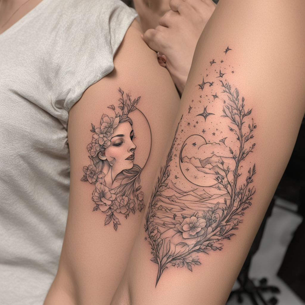 in the style of fineline tattoo, with a tattoo of Bright moo