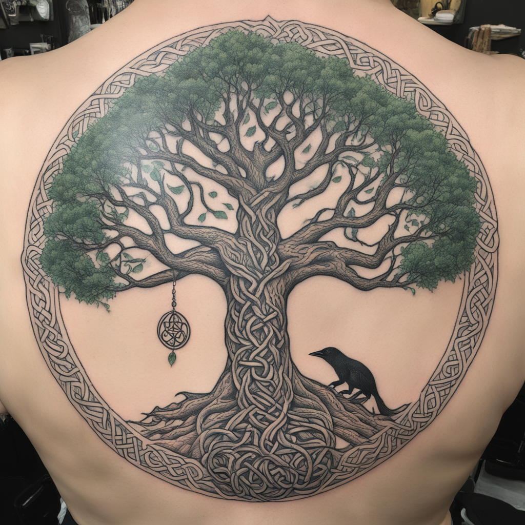 in the style of fineline tattoo, with a tattoo of A celtic i