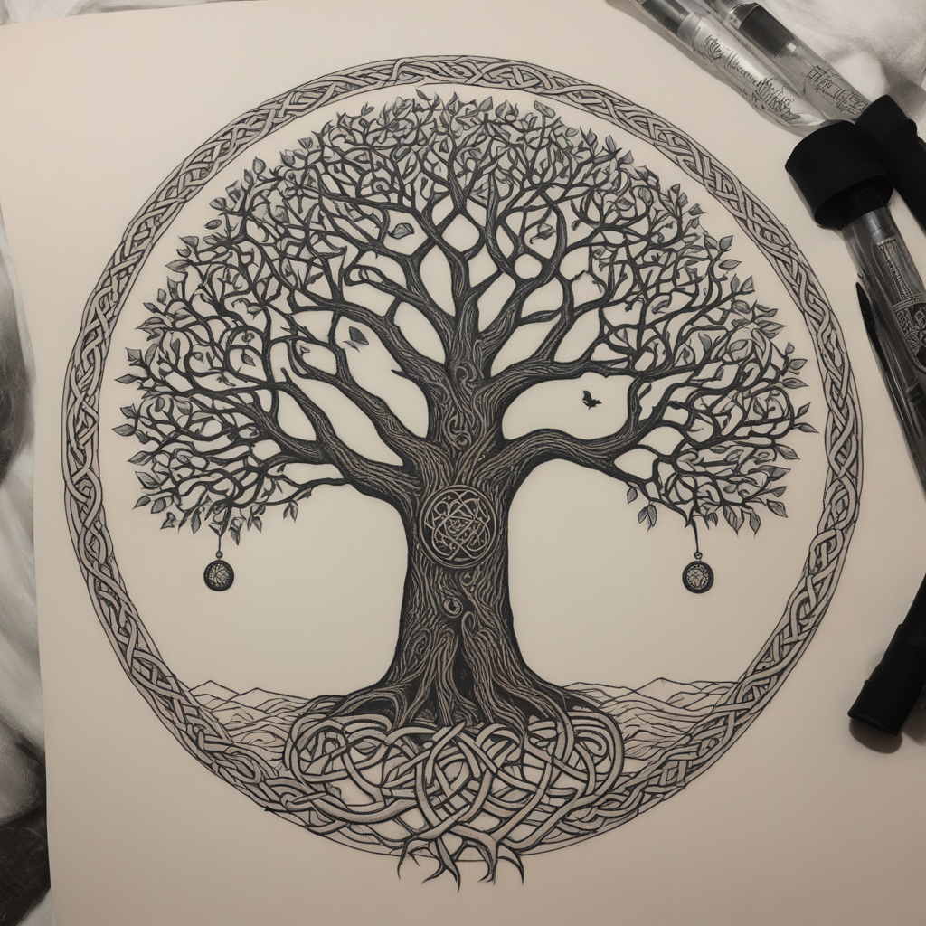 in the style of fineline tattoo, with a tattoo of A celtic i