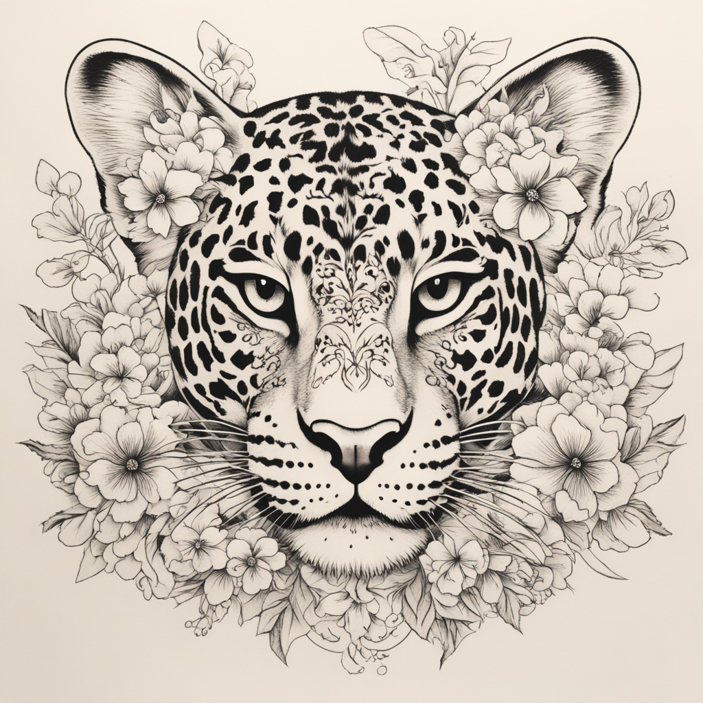 in the style of japanese tattoo, with a tattoo of Léopard Fl