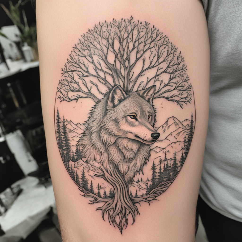 in the style of fineline tattoo, with a tattoo of Wolf turni