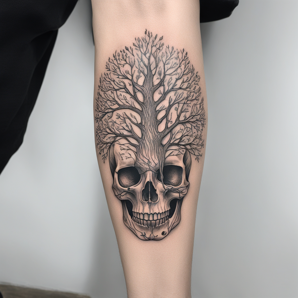 in the style of fineline tattoo, with a tattoo of Skull turn