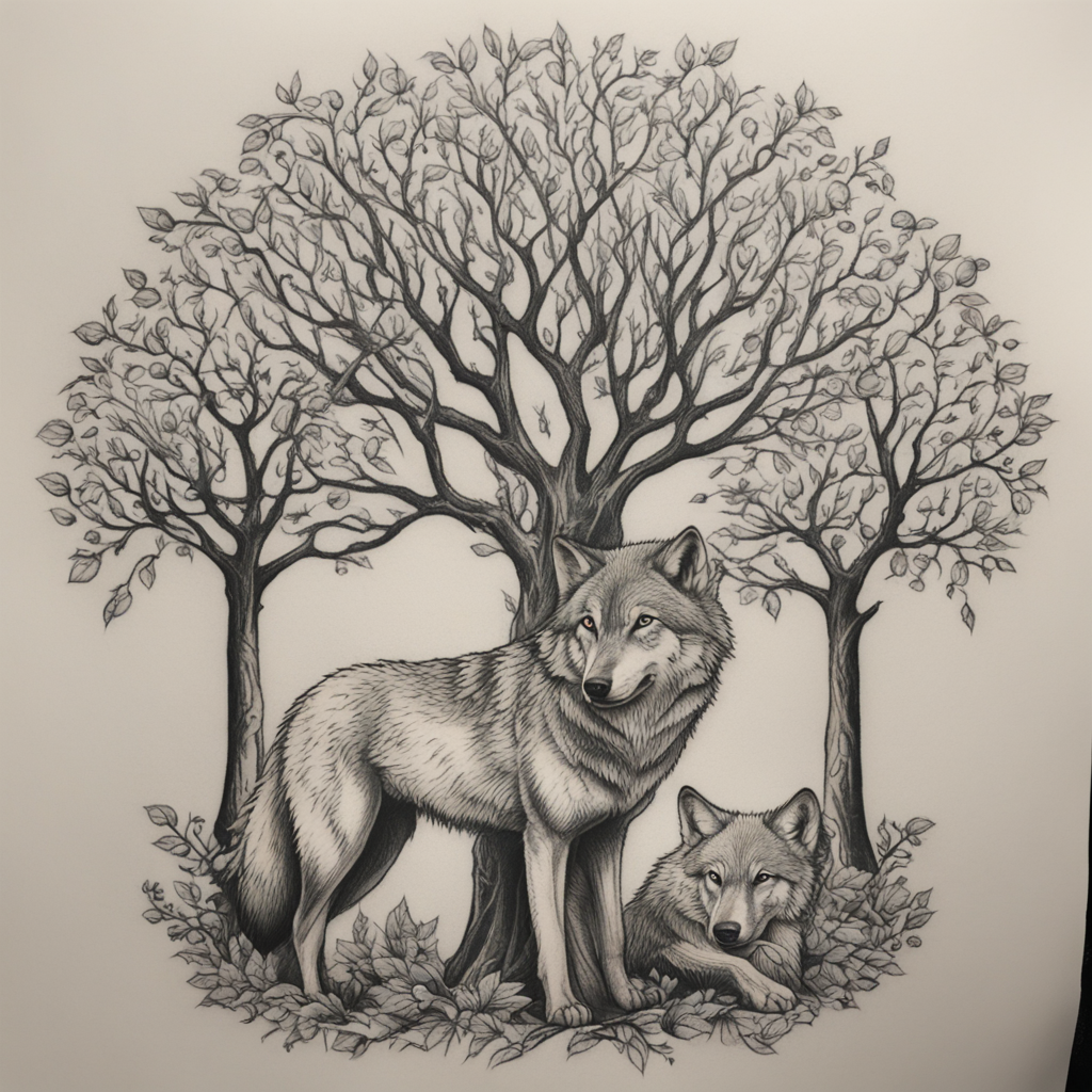 in the style of ignorant tattoo, with a tattoo of Wolf turni