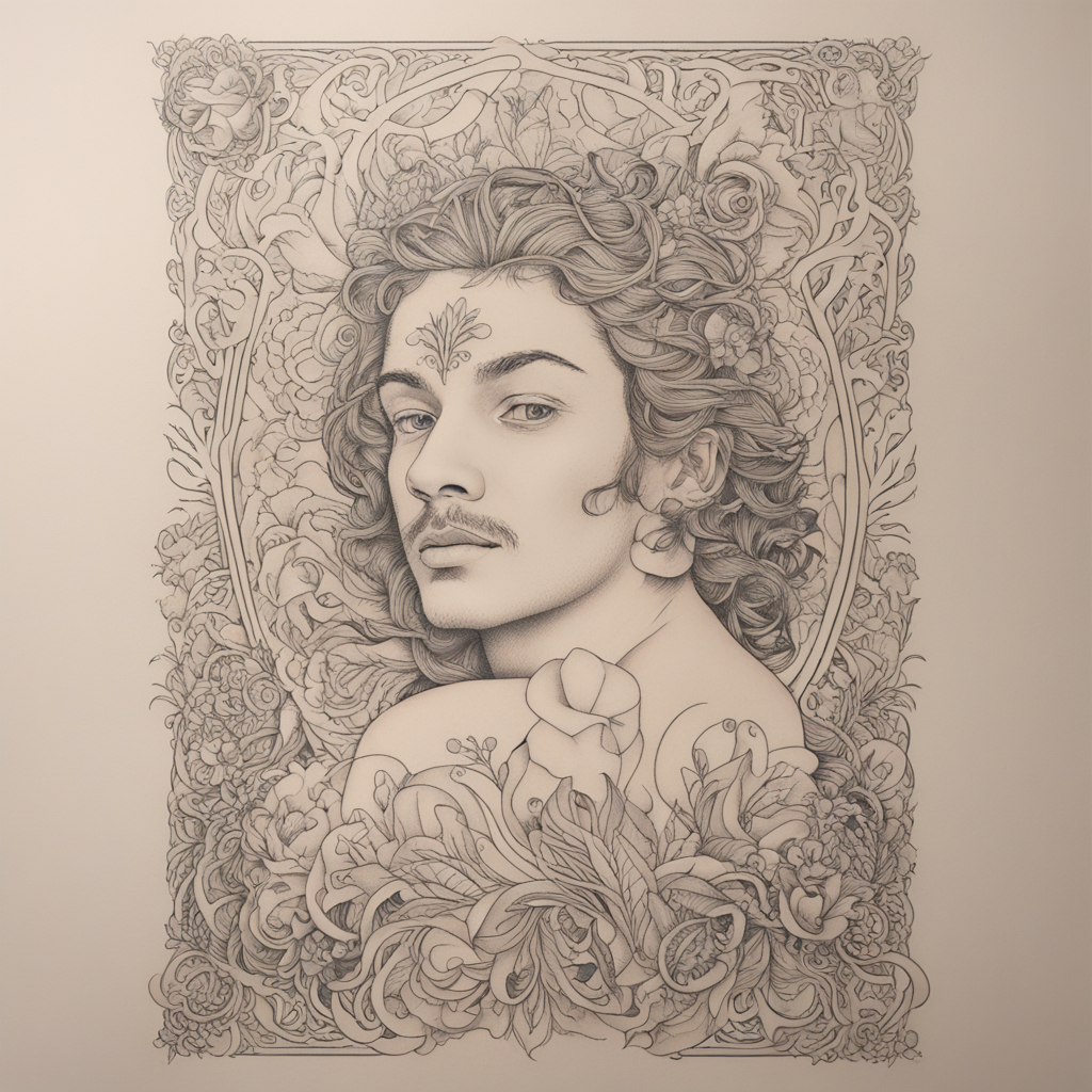 in the style of fineline tattoo, with a tattoo of Luiz Henri