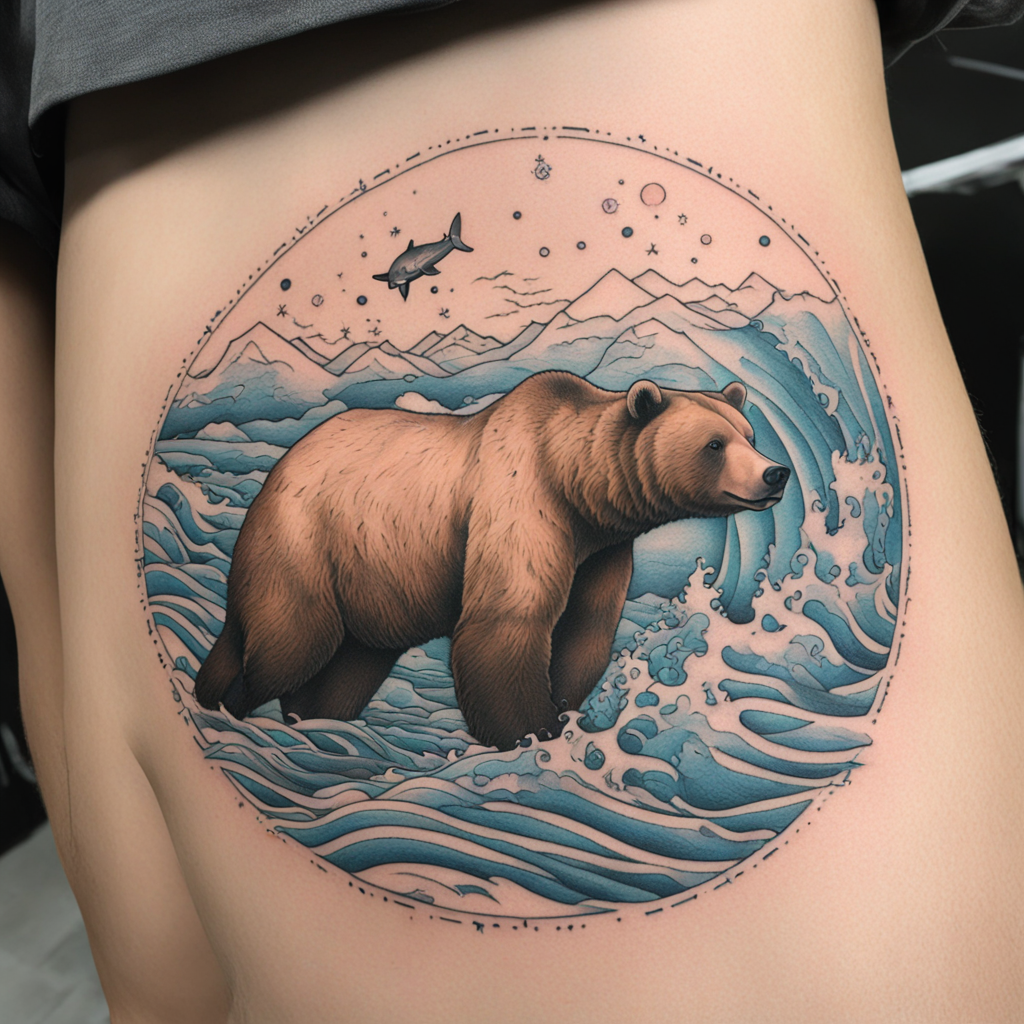 in the style of fineline tattoo, with a tattoo of Brown bear