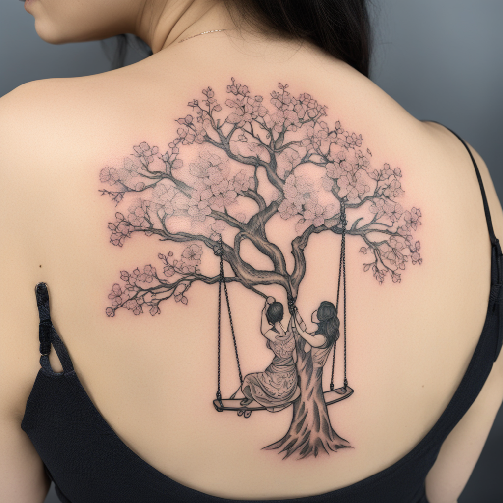 in the style of fineline tattoo, with a tattoo of Cherry blo
