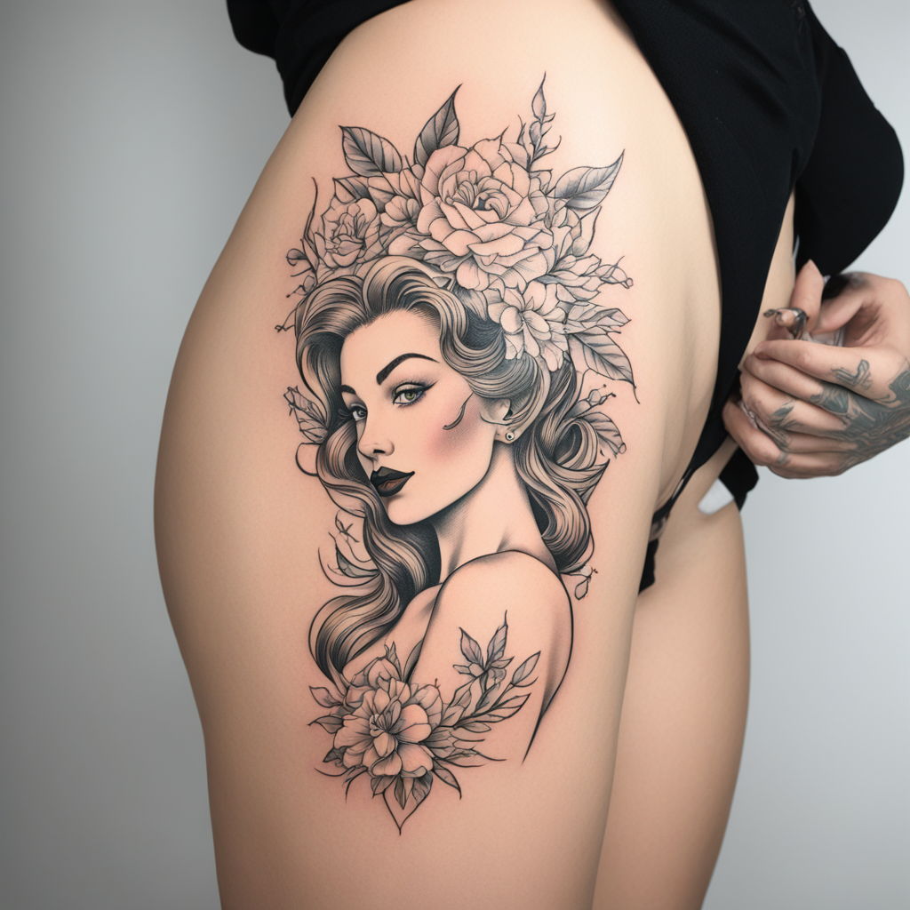 in the style of fineline tattoo, with a tattoo of Naked Woma