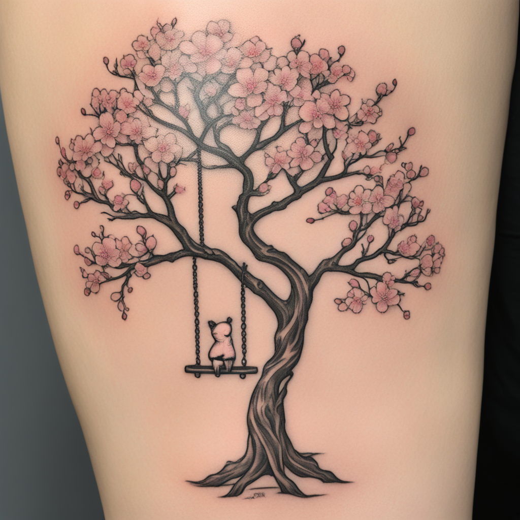 in the style of fineline tattoo, with a tattoo of Cherry blo