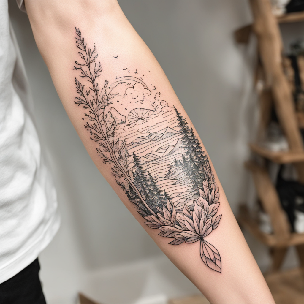 in the style of fineline tattoo, with a tattoo of nature