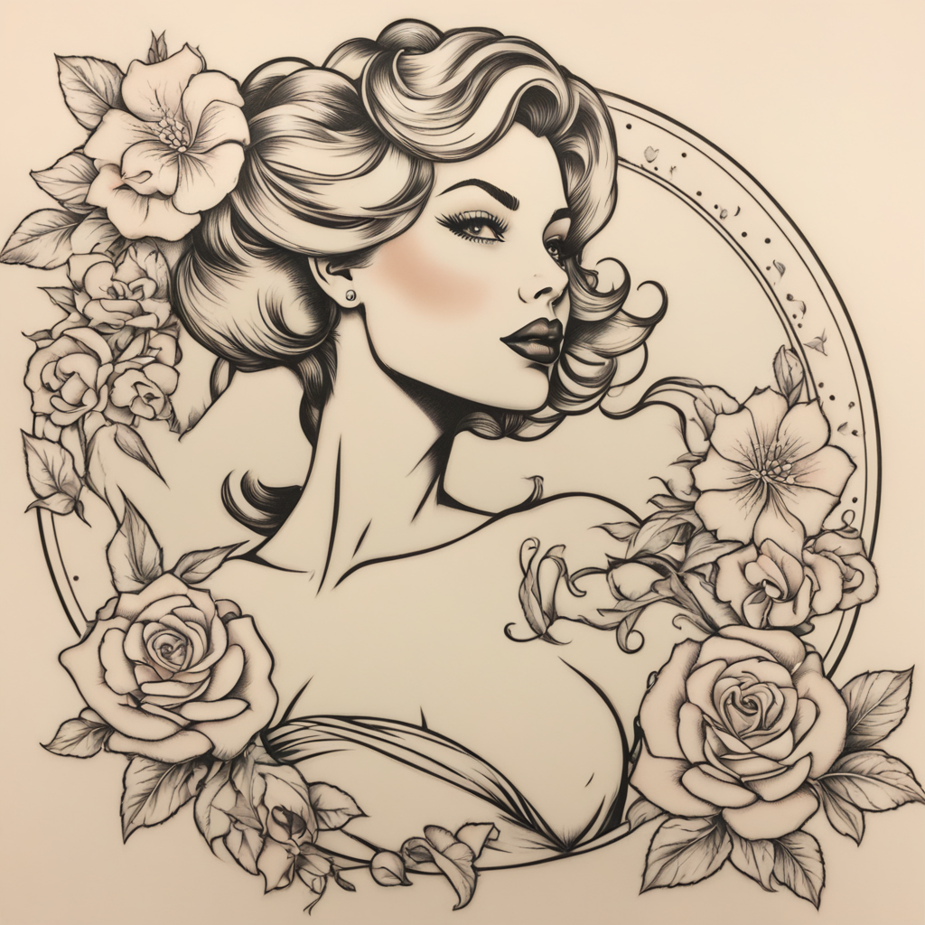 in the style of fineline tattoo, with a tattoo of Woman in p