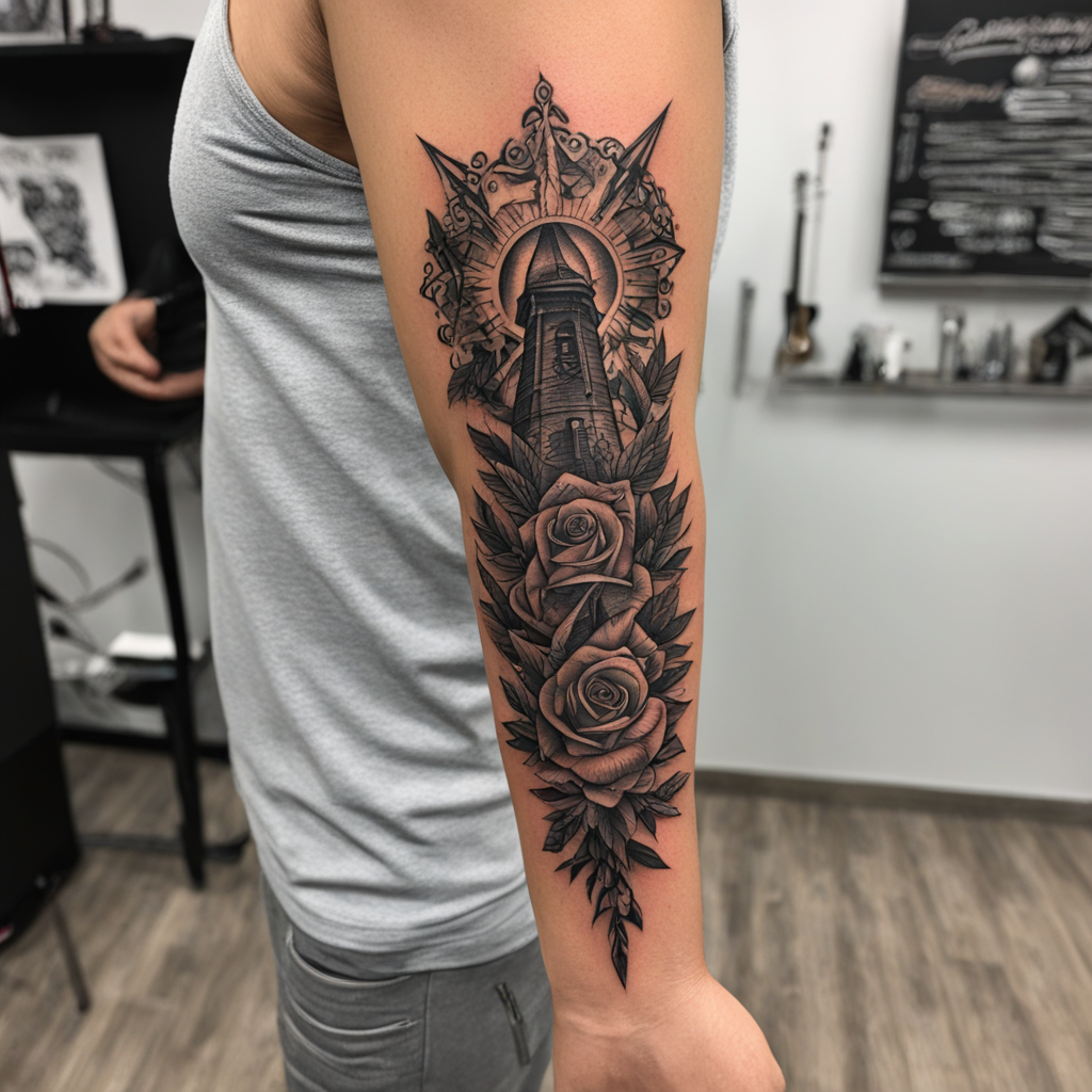 in the style of arm tattoos, with a tattoo of for whom the b