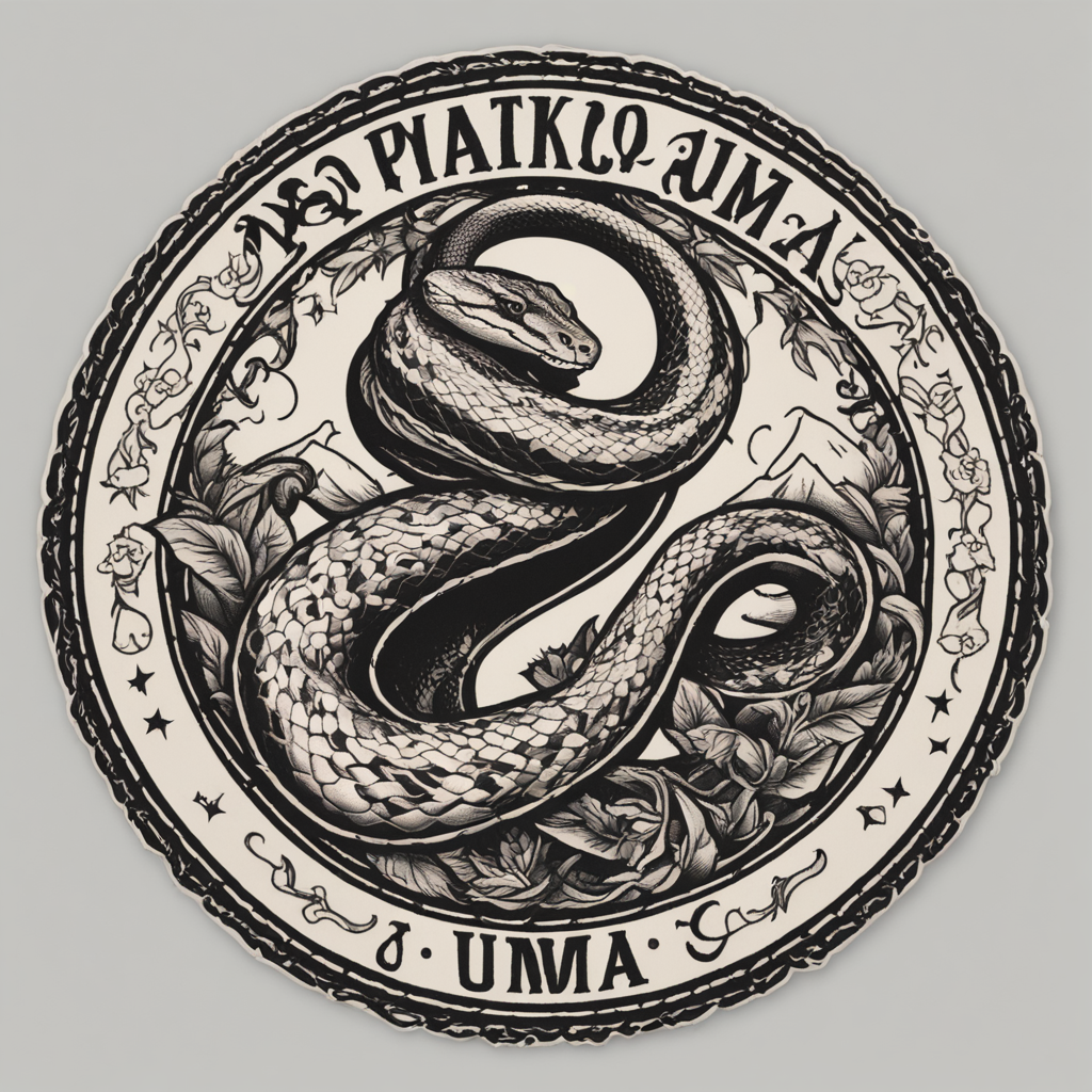 in the style of patch tattoo, with a tattoo of Uma logo com 