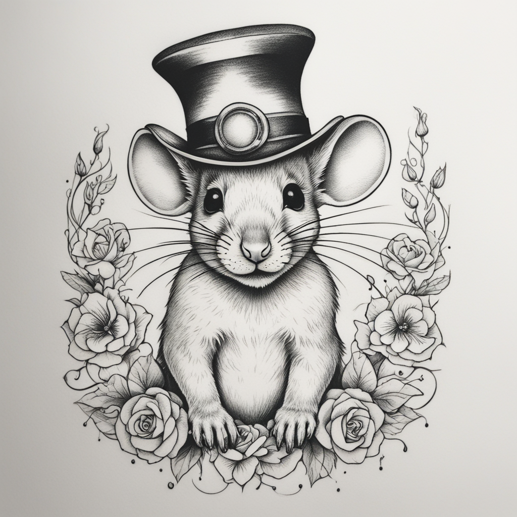 in the style of fineline tattoo, with a tattoo of Mouse with
