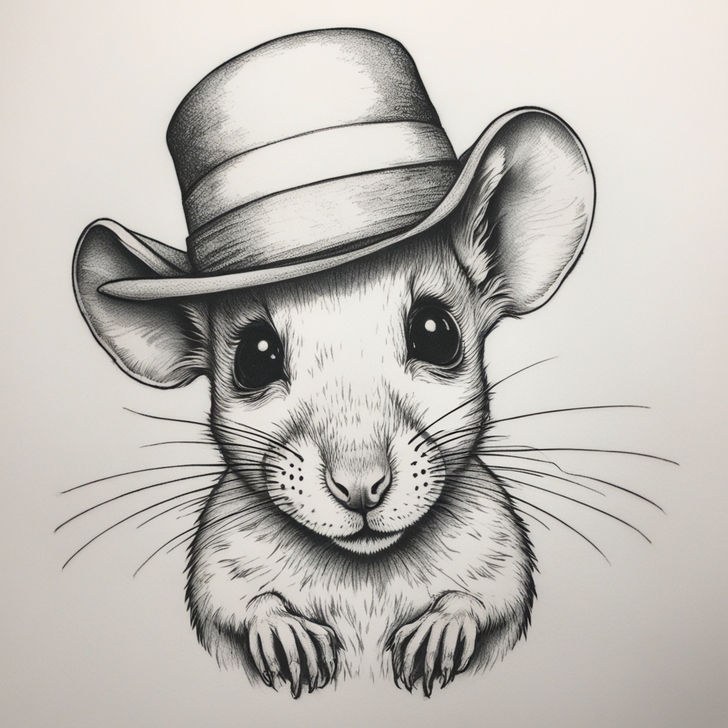 in the style of fineline tattoo, with a tattoo of A mouse wi