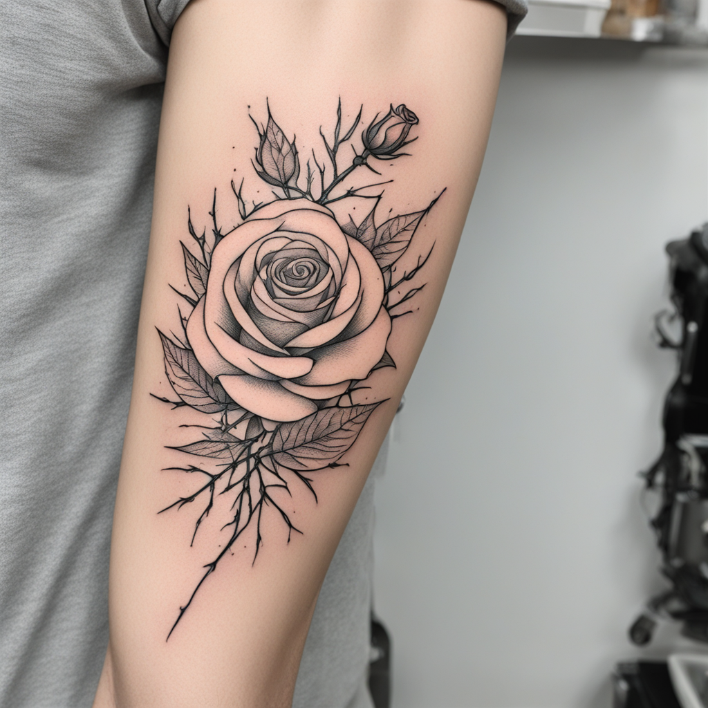 in the style of fineline tattoo, with a tattoo of masculine 