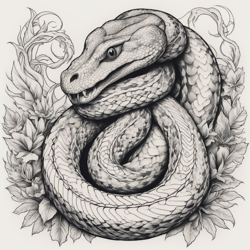 in the style of fineline tattoo, with a tattoo of Snake 