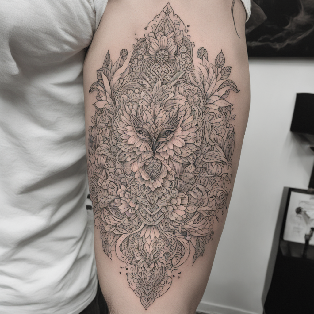 in the style of fineline tattoo, with a tattoo of мужская та
