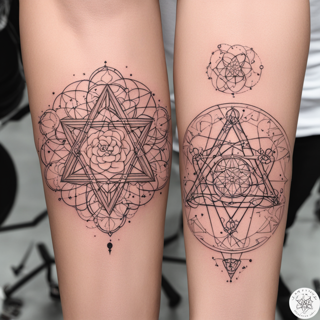 in the style of geometric tattoo, with a tattoo of Crie uma 