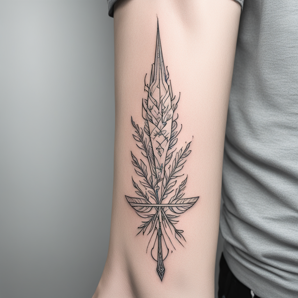 in the style of fineline tattoo, with a tattoo of A downward