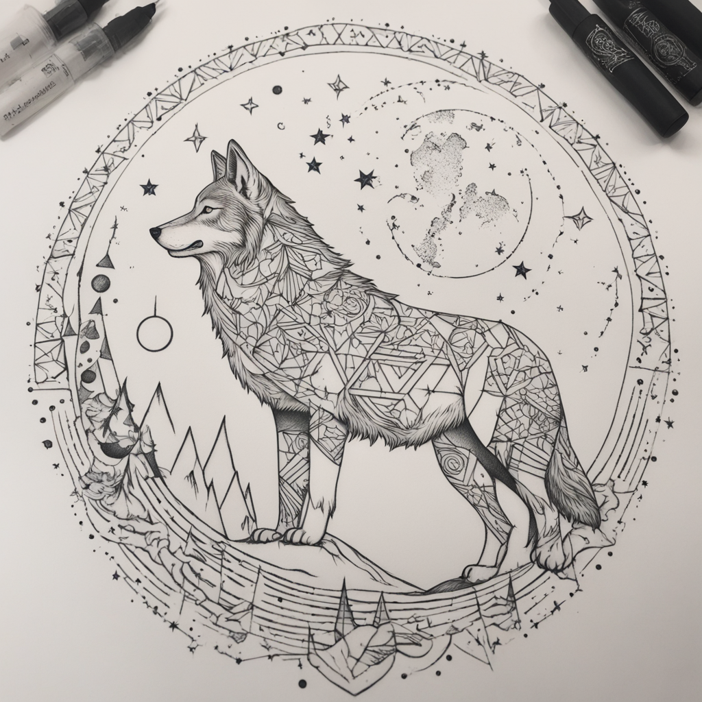 in the style of geometric tattoo, with a tattoo of tattoo de