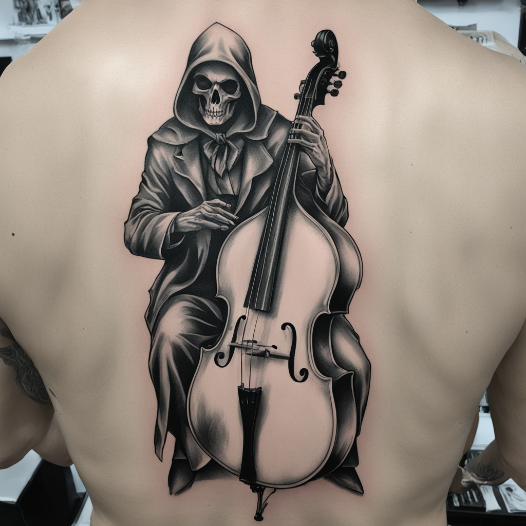 in the style of fineline tattoo, with a tattoo of Standing g