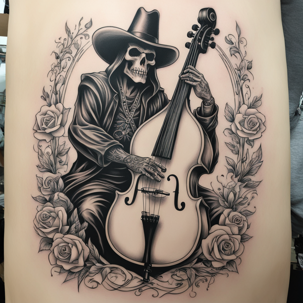 in the style of chicano tattoo, with a tattoo of Rocking  & 