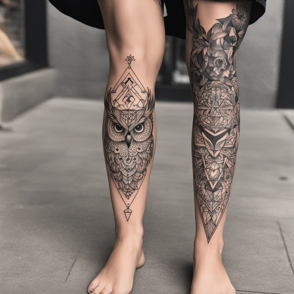 in the style of leg tattoos, with a tattoo of Owl
