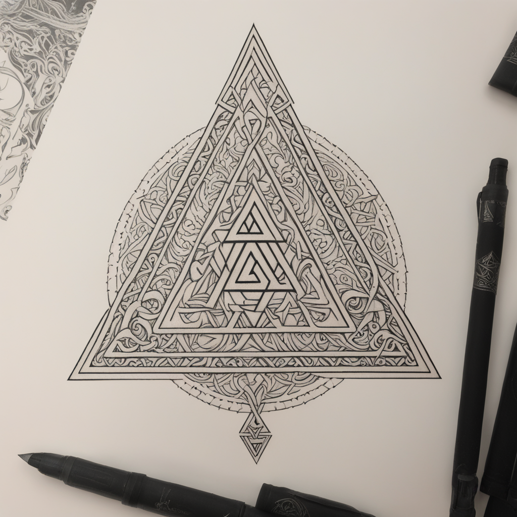 in the style of fineline tattoo, with a tattoo of Valknut Ta