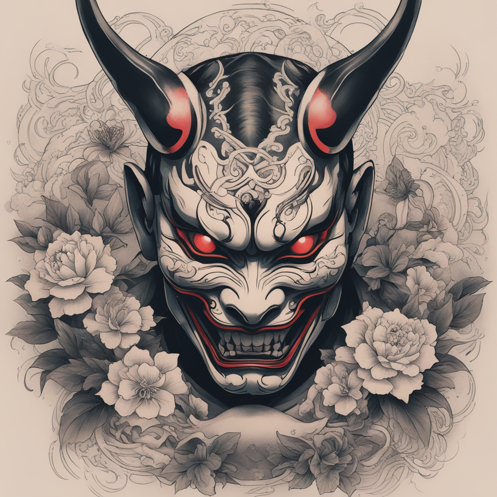 in the style of japanese tattoo, with a tattoo of hannya mas