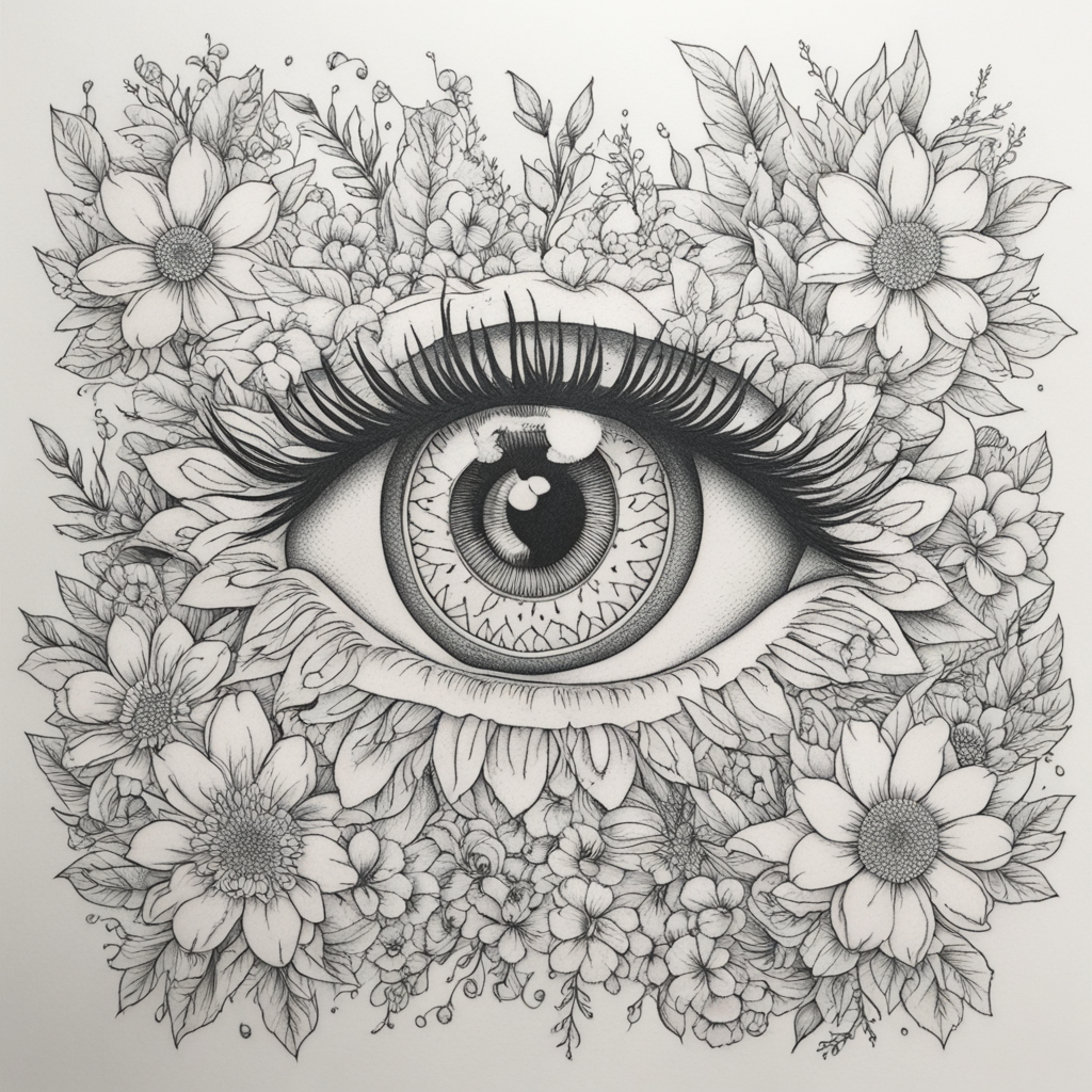 in the style of fineline tattoo, with a tattoo of eye surrou