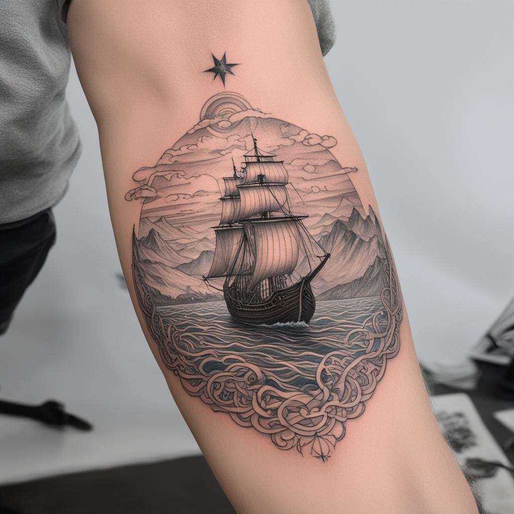 in the style of illustrative tattoo, with a tattoo of norse 