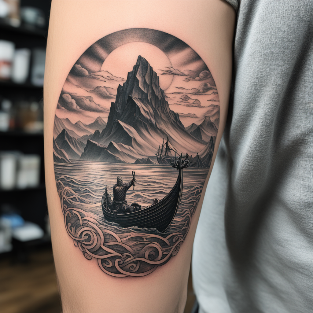 in the style of realism tattoo, with a tattoo of norse fjord