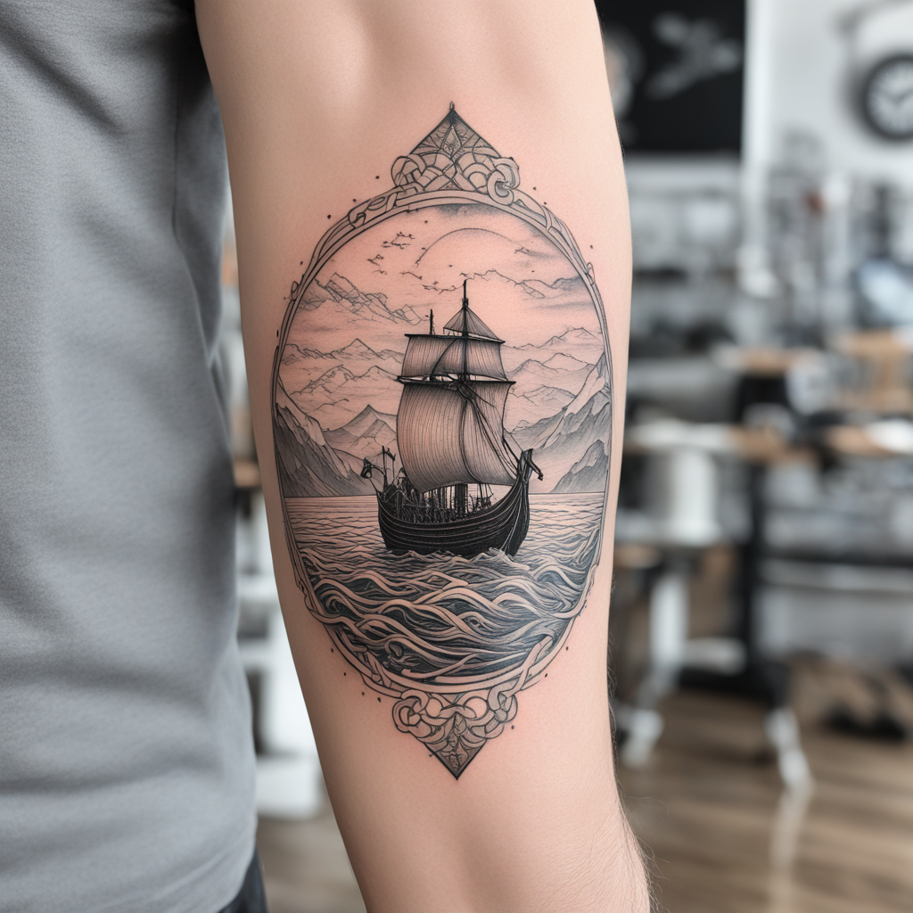 in the style of fineline tattoo, with a tattoo of norse fjor
