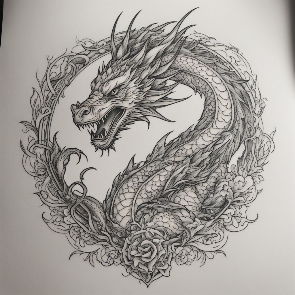 in the style of fineline tattoo, with a tattoo of Dragon 