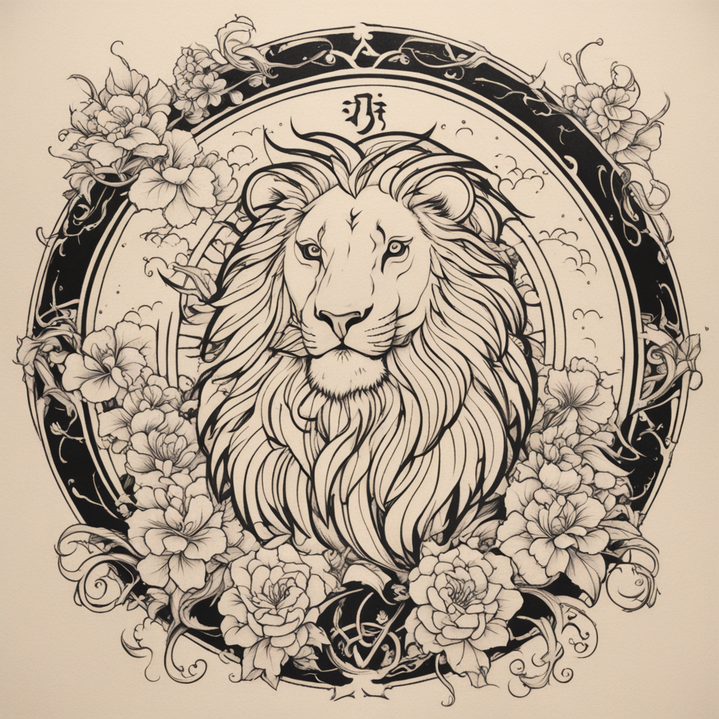 in the style of japanese tattoo, with a tattoo of Leo zodiac